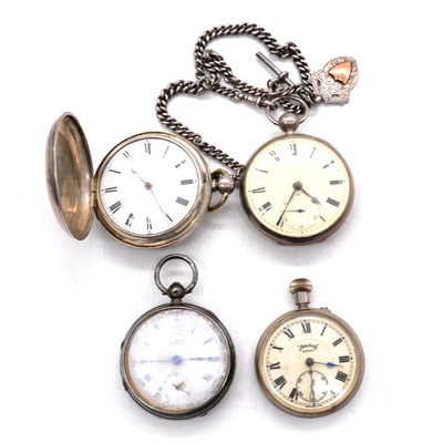 Lot 366 - Three silver cased pocket watches, a "Services" Army pocket watch and a double Albert watch chain.