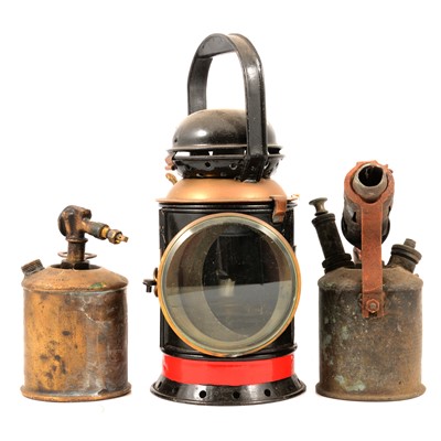 Lot 92 - Two Railway hand lamps and three blow torches