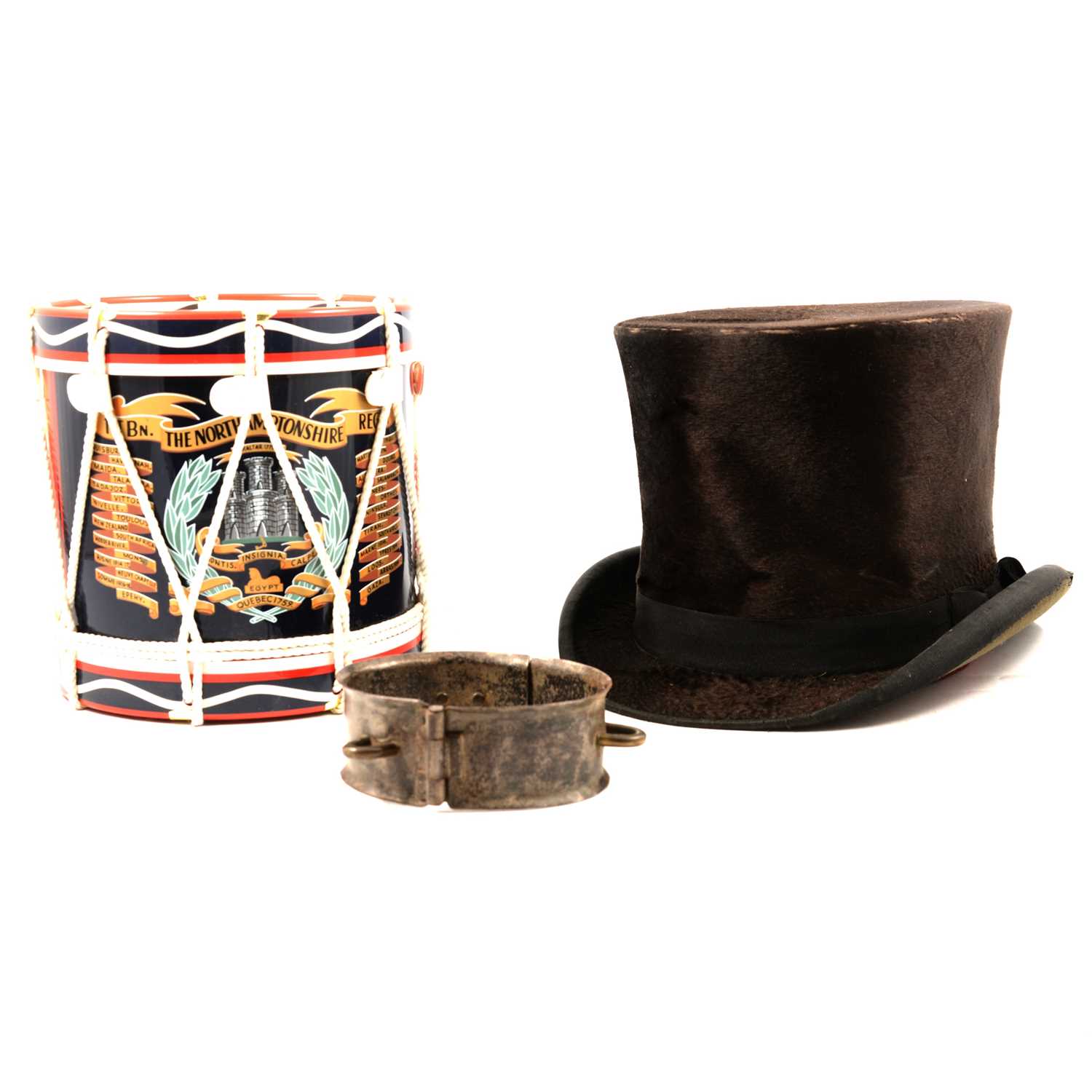 Lot 140 - Black top hat, military drum ice bucket, etc.