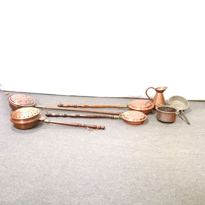 Lot 372 - Four copper bed pans, two cooking pots and a small jug