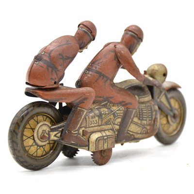 Lot 256 - CKO Kellerman Germany tin-plate clock-work racing motorcycle with passenger.