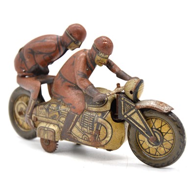 Lot 256 - CKO Kellerman Germany tin-plate clock-work racing motorcycle with passenger.