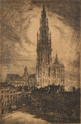 Lot 385 - Etching of the Cathedral of Antwerp, and other watercolours, prints, and needlework