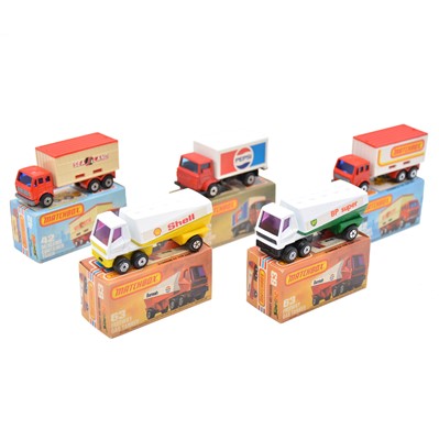 Lot 189 - Matchbox Toys die-cast models, five Superfast including (x2) 63 Freeway gas tanker