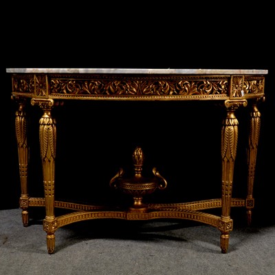 Lot 454 - Pair of reproduction gilt and marble console tables