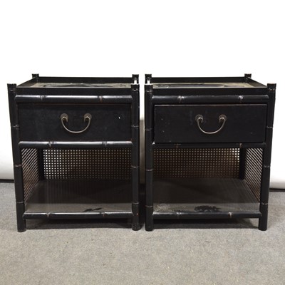 Lot 475 - Pair of black painted and cane bedside cupboards.