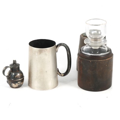 Lot 273 - Silver tankard, white metal cream jug and a travelling decanter