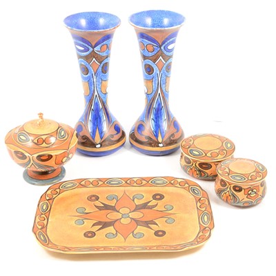 Lot 47 - Pair of Chameleon Ware vases, and a four-piece dressing table set