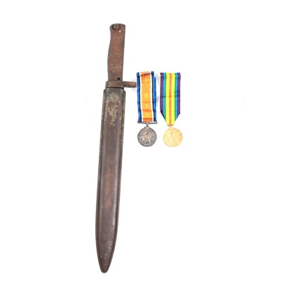 Lot 182 - Medals - a WW1 pair, a WW2 group of four, bayonet and scabbard, and ephemera.