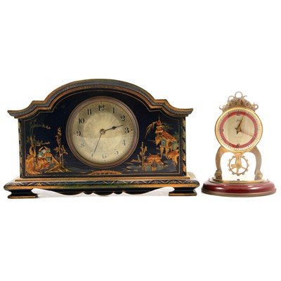 Lot 167 - A French chinoiserie style clock in blue depicting figures and landscapes, Schatz dome clock.