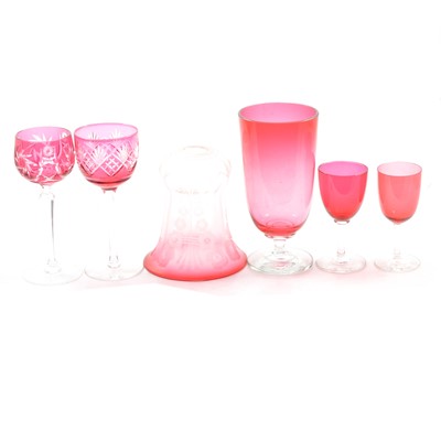 Lot 109 - Cranberry vase, coloured glasses and two etched glass shades.