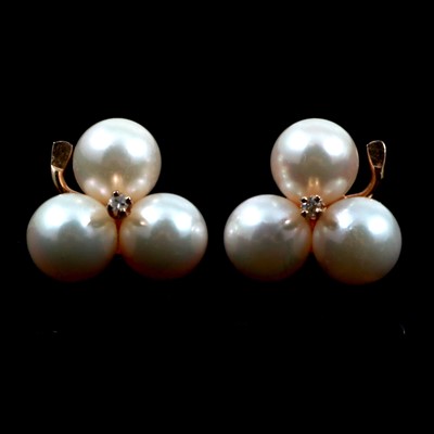 Lot 198 - A pair of cultured pearl and diamond earrings.