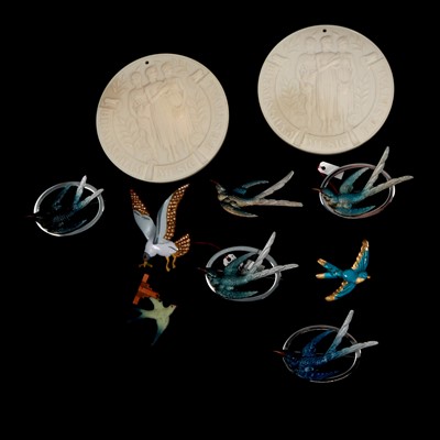 Lot 220 - Eight vintage bird brooches and two Birmingham Music Festival plaques.