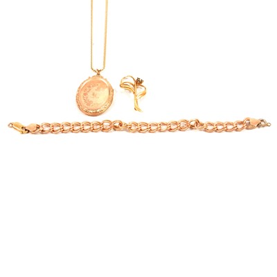 Lot 142 - A 9 carat rose gold bracelet, Back and Front locket on chain, and yellow metal brooch.