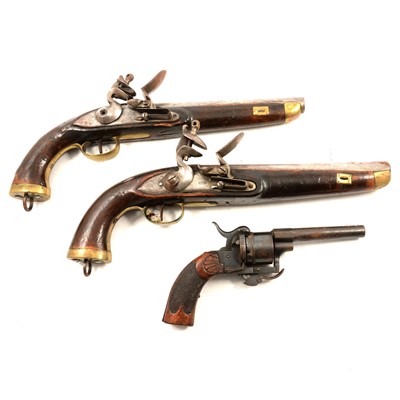 Lot 169 - Two 19th century flintlock pistols, and a Belgian pinfire revolver