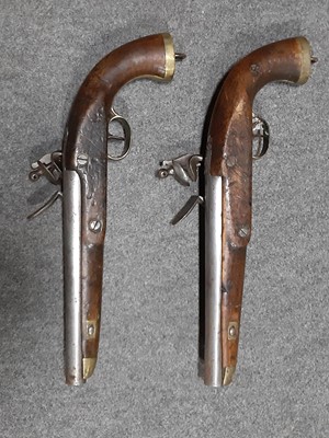 Lot 169 - Two 19th century flintlock pistols, and a Belgian pinfire revolver