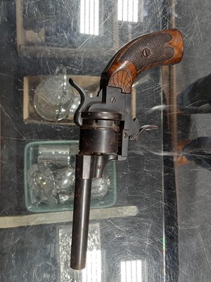 Lot 169 - Two 19th century flintlock pistols, and a Belgian pinfire revolver
