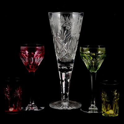 Lot 19 - Val St Lambert - set of six coloured wine glasses, and other glasses.
