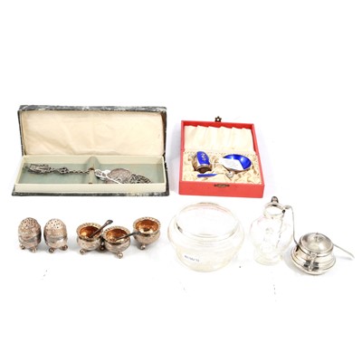 Lot 270 - V Bahner Danish silver and enameled cruet set, Dutch cake slice, Glass cream and sugar set.