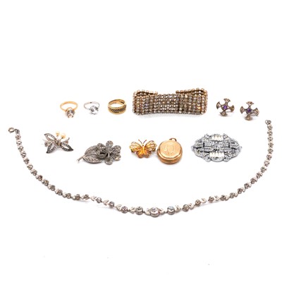 Lot 463 - Three dress rings, oval locket, silver earrings, brooches, diamante and costume jewellery.