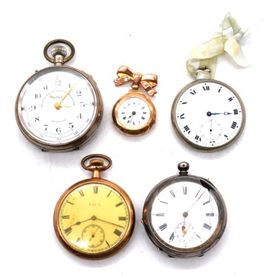 Lot 370 - A 9 carat yellow gold fob watch and brooch, and four silver and other metal pocket watches.