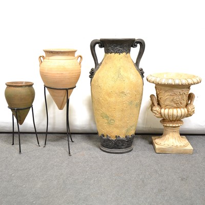 Lot 572 - Two Greek style terracotta vases on stands and two urns.