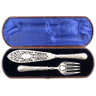 Lot 233 - A cased set of Victorian silver fish servers, Martin, Hall & Co, Sheffield 1869.