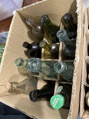 Lot 110 - Two boxes of vintage bottles, other vintage miscellany