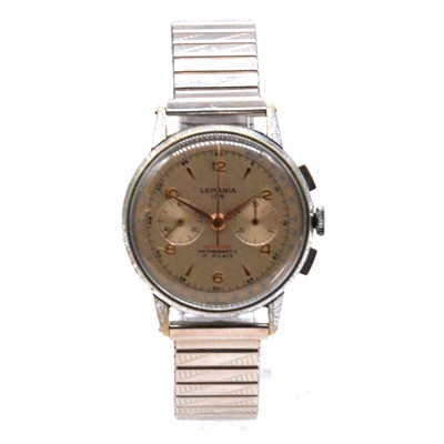 Lot 392 - Lemania - a gentleman's vintage 105 stainless steel chronograph wristwatch.