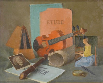 Lot 382 - Gerald Norden, Still life with Violin, Metronome and other objects