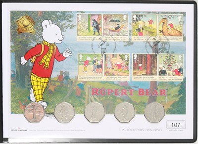 Lot 169 - Folder of mostly British banknotes, Brexit silver coin, Rupert Bear coins, other coins and stamps.