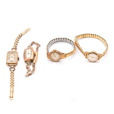 Lot 424 - Four 9 carat yellow gold ladies' wristwatches.