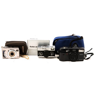 Lot 203 - Rollei 35 camera, Sony DSC-W5 Cyber-shot camera, and Minolta Panorama Zoom 28 camera.