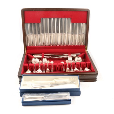 Lot 196A - A canteen of silver-plated cutlery by Walker & Hall and other plated wares, letter openers, pewter charger.