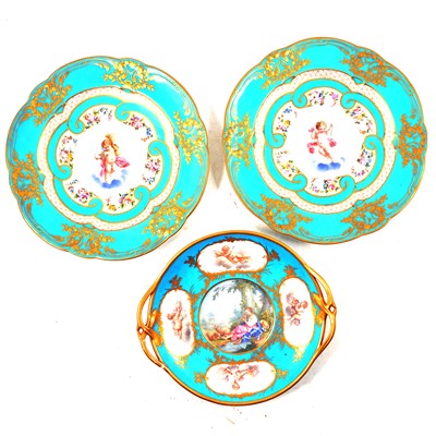 Lot 81 - Sevres porcelain dish, and a pair of Sevres porcelain plates