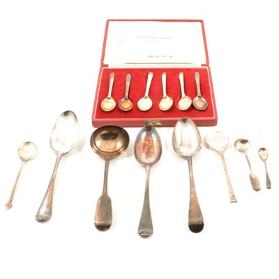 Lot 348 - Three Georgian table spoons, sauce ladle and four other spoons.