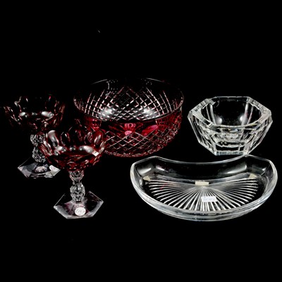 Lot 44 - Val St Lambert - pair of salts, dish, ashtrays, Lalique scent bottle and other glasswares.