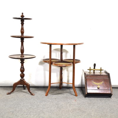 Lot 36 - Mahogany three tier dumb waiter, occasional table and a coal scuttle