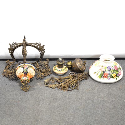 Lot 232 - Hanging parlour lamp with ceramic drop, painted glass shade