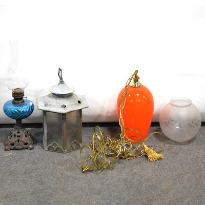 Lot 234 - Vintage orange glass lamp shade, an oil lamp, and a hall lantern