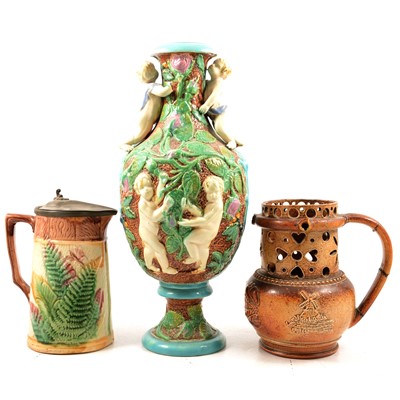 Lot 59 - Continental majolica vase, majolica jug and a Derby stoneware puzzle jug