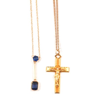 Lot 267 - A blue stone necklace and a gold crucifix on chain.