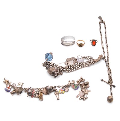 Lot 435 - Two charm bracelets, an Albertine watch chain, rings and patch box.