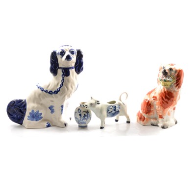 Lot 108 - Collection of blue and white wares, Staffordshire dogs, plates.
