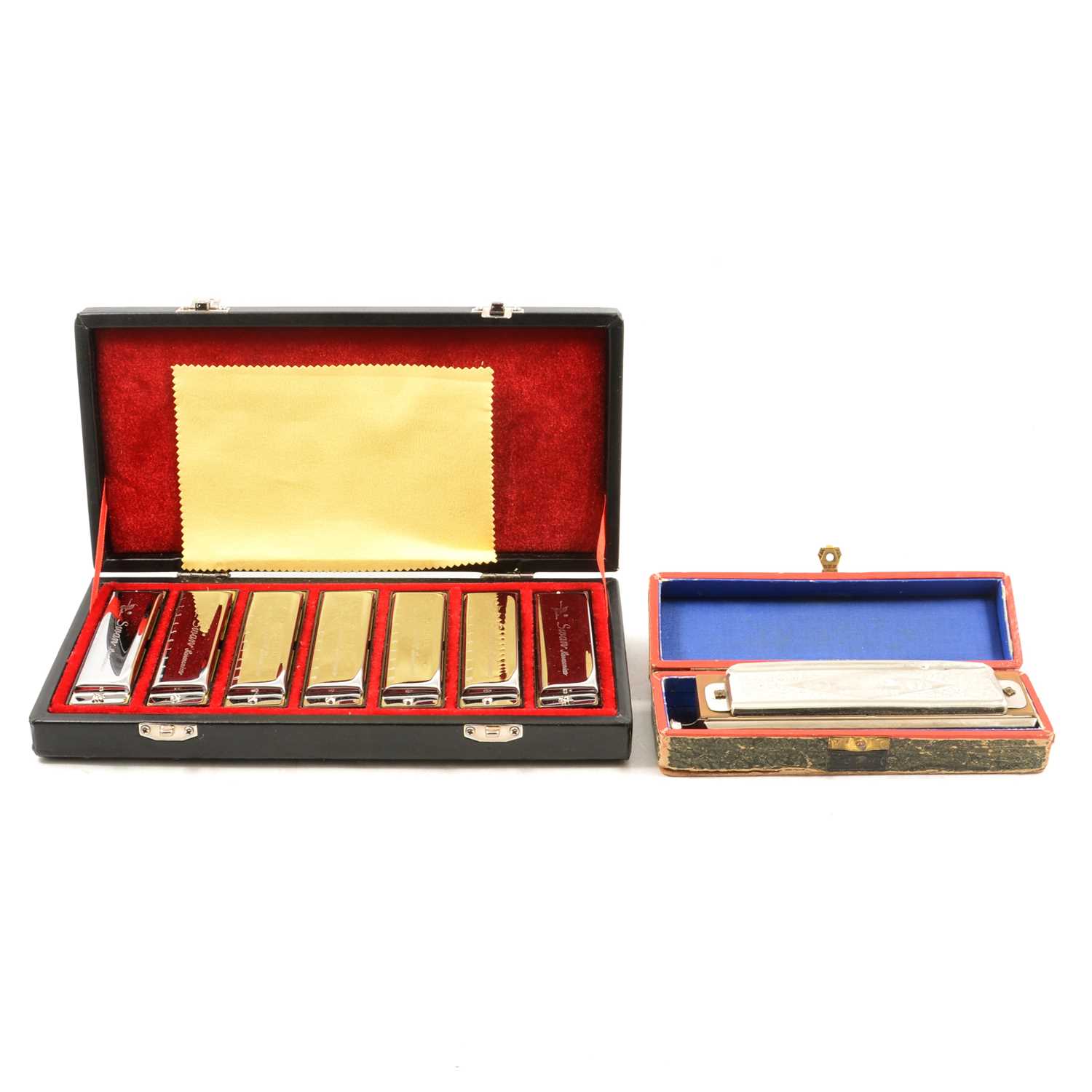 Lot 256 - Set of Swan 1020 Blues Harmonica, cased, and a Hohner Super Chrominica, boxed.