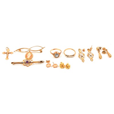 Lot 154 - Two gemset gold rings, two gold brooches, gold crucifix and four pairs of earrings.