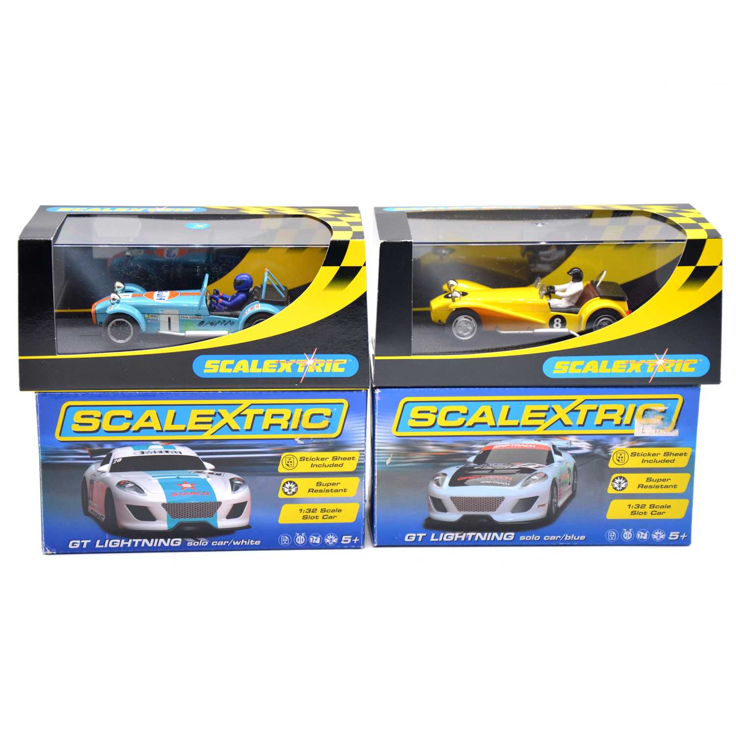 Lot 133 - Four scalextric slot cars, boxed, with track