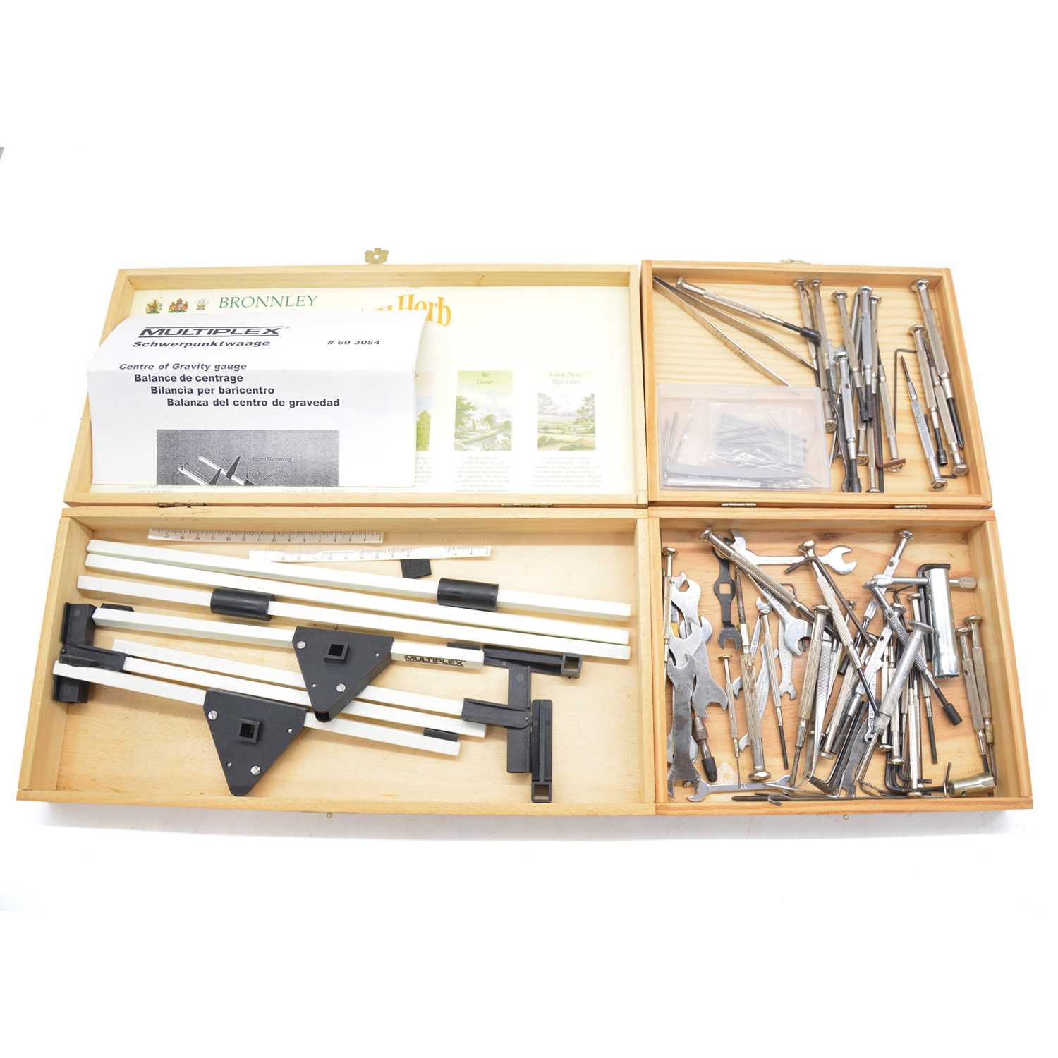 Lot 485 - Two trays of modellers tools and equipment, including a multiplex centre of gravity gauge