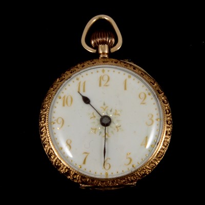 Lot 363 - A yellow metal open face fob watch.