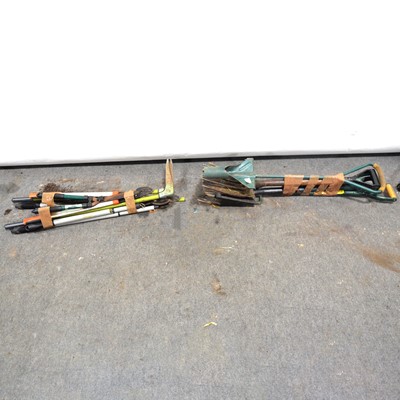 Lot 159 - Various garden hand tools. Including rakes, spades and forks.